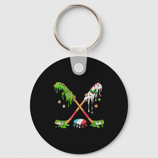 Funny Hockey Holiday Candy Cane Gingerbread  Keychain (Front)
