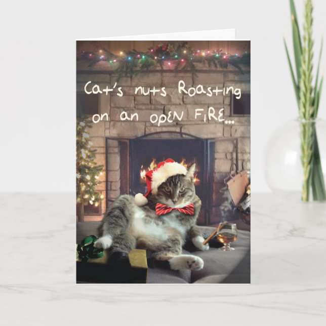 Funny Holiday Cat Card, Cat's Nuts Roasting Card (Front)