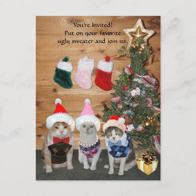 Funny Holiday Cats in Ugly Sweaters Invitation Postcard (Front)