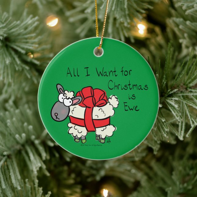 Funny Holiday Cute Sheep Christmas Cartoon Ceramic Ornament (Tree)