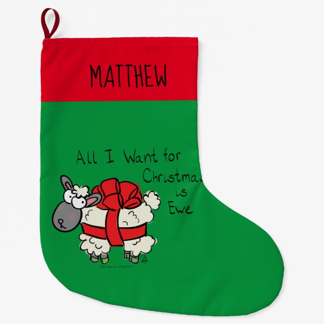 Funny Holiday Cute Sheep Christmas Cartoon Large Christmas Stocking (Front)