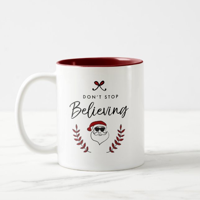 Funny Holiday Don't Stop Believing Christmas Humou Two-Tone Coffee Mug (Left)