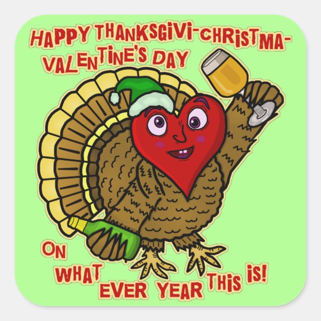 Funny Holiday Drunk Turkey Heart Square Sticker (Front)