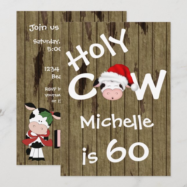 Funny Holy Cow 60th Christmas Holiday Birthday Invitation (Front/Back)