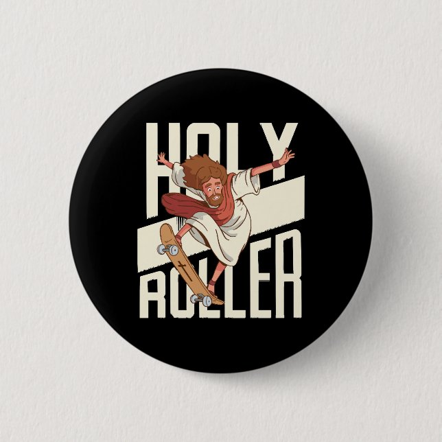 Funny Holy Roller Skateboarding Jesus 2 Inch Round Button (Front)