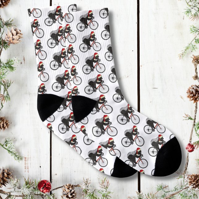 Funny Honey Badger Santa Bicycle Cycling Socks (Christmas honey badger on a bicycle wearing a santa hat pattern cyclist holiday socks)