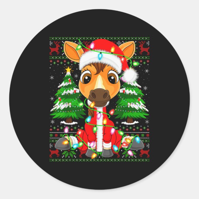 Funny Horse Christmas Lights Santa Costume Ugly Xm Classic Round Sticker (Front)