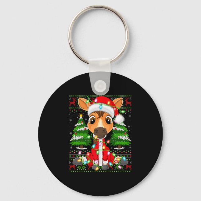 Funny Horse Christmas Lights Santa Costume Ugly Xm Keychain (Front)