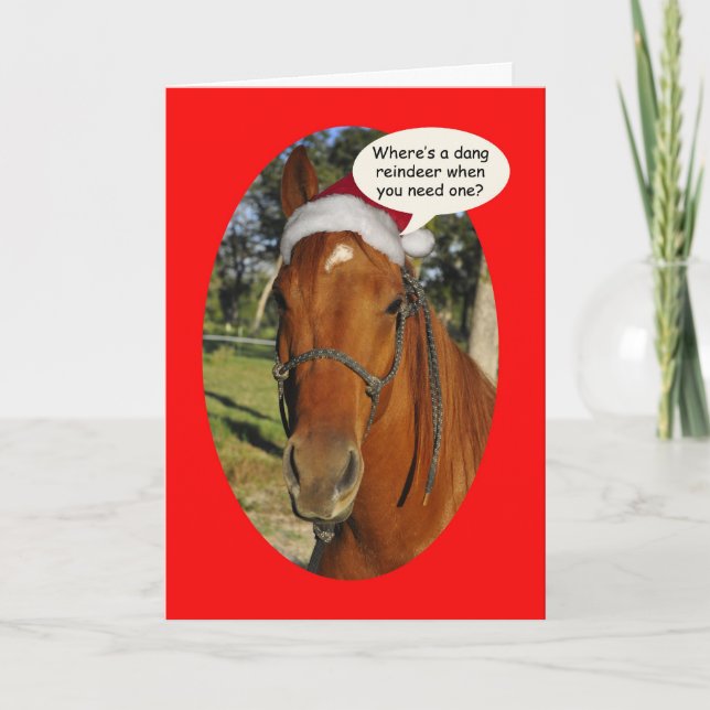 Funny horse in a Santa Hat Christmas Greeting Card (Front)