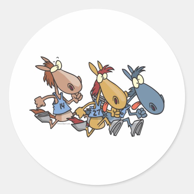 funny horse racing cartoon classic round sticker (Front)