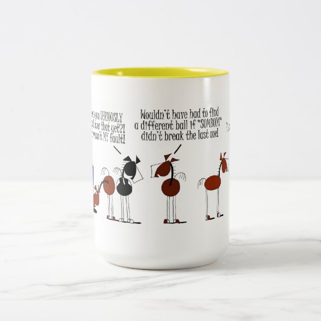 Funny Horse Scared of Yellow Ball Cartoon Two-Tone Coffee Mug (Center)