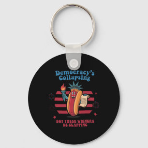 Funny Hot Dog Democracy's Collapsing 4th July Prot Keychain