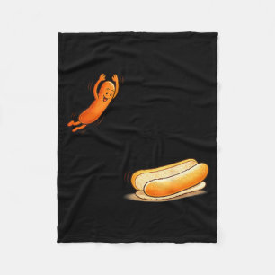 Funny Hot Dog Jumping Into Bun Cartoon BBQ Humour Fleece Blanket