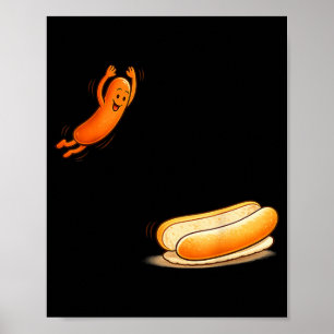 Funny Hot Dog Jumping Into Bun Cartoon BBQ Humour Poster