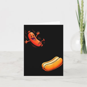 Funny hot dog jumping into bun sausage bbq high card