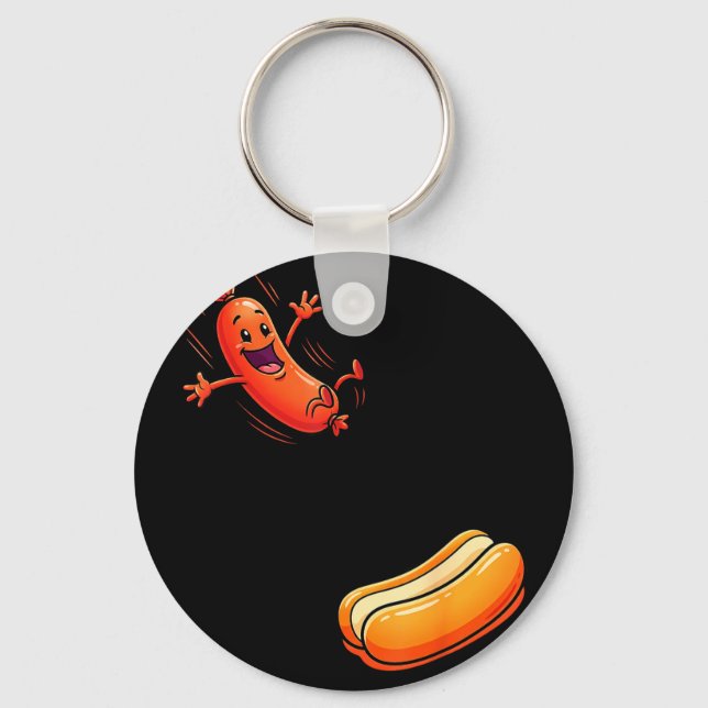 Funny hot dog jumping into bun sausage bbq high keychain (Front)