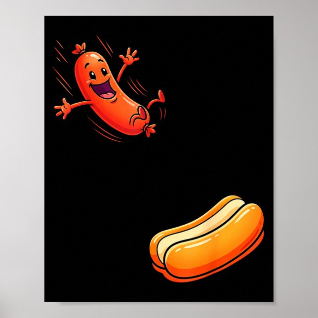 Funny hot dog jumping into bun sausage bbq high poster (Front)