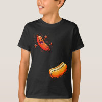 Funny hot dog jumping into bun sausage bbq high