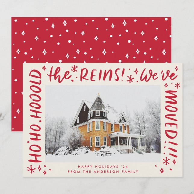 Funny House Moving Red Lettering Christmas Photo Holiday Card (Front/Back)