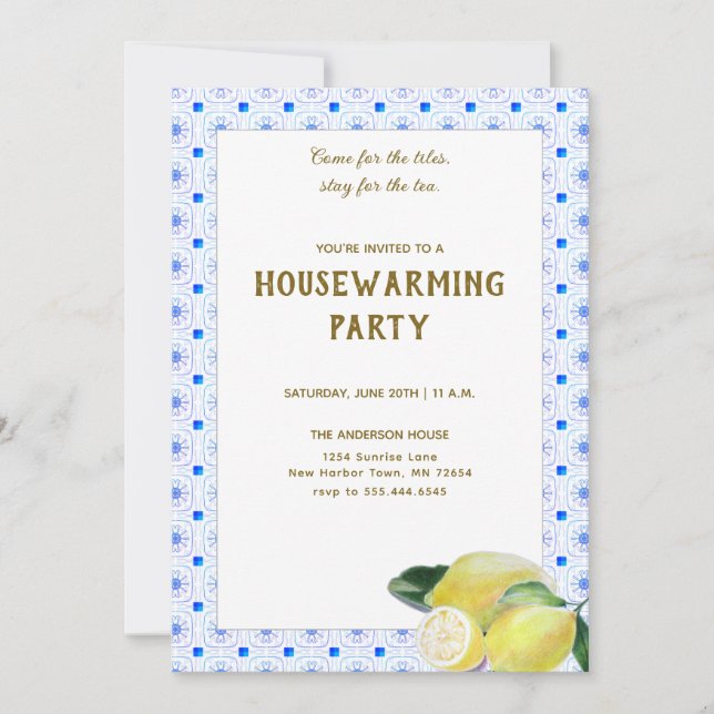 Funny Housewarming Tea Party Boho Lemon Blue Tiles Invitation (Front)
