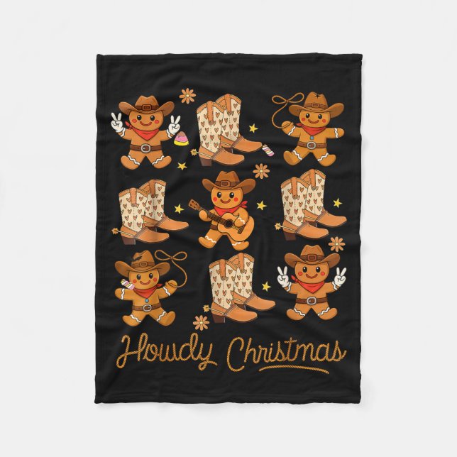 Funny Howdy Christmas Gingerbread Cowboy Rodeo Wes Fleece Blanket (Front)