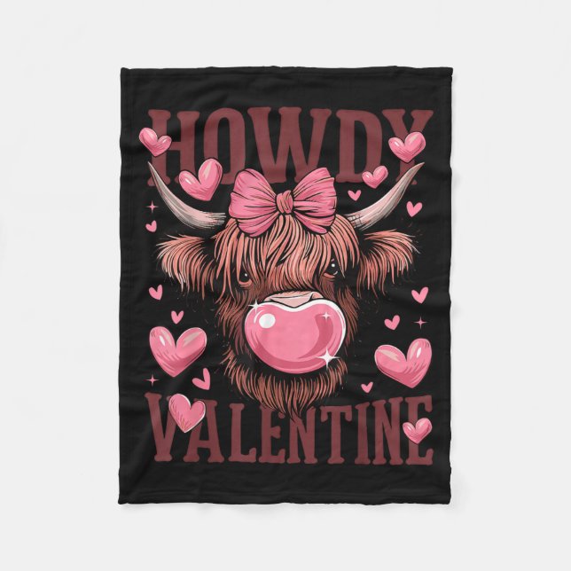 Funny Howdy Valentine Highland Cow Valentine’s Day Fleece Blanket (Front)