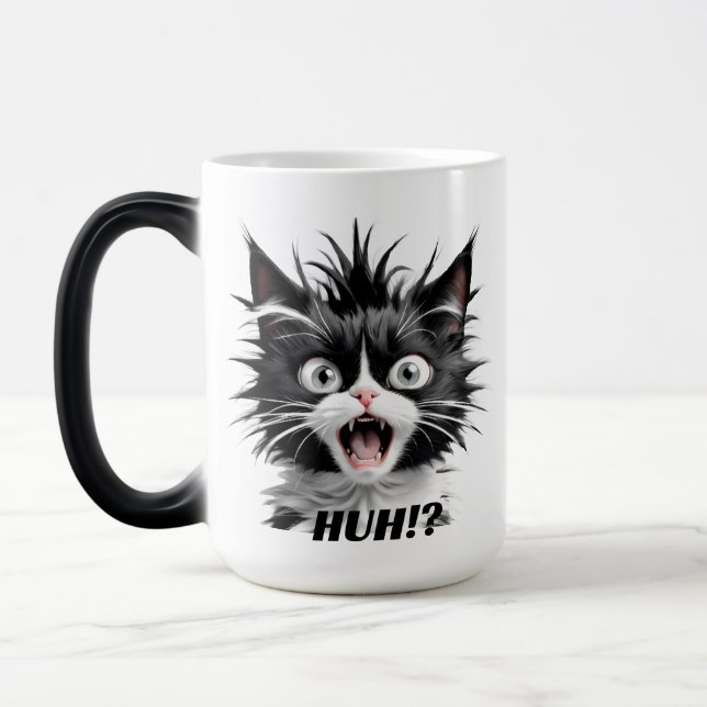 Funny Huh Cat Meme Quotes | Cute Cat Coffee Mug (Left)