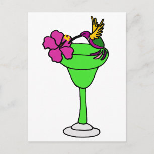 Funny Hummingbird and Hibiscus on Margarita Drink Postcard