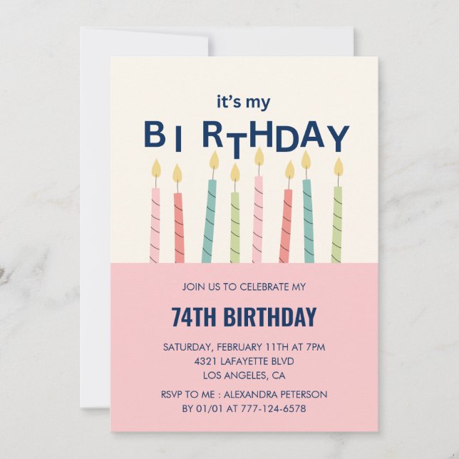 Funny Humour  Pink Candle 74th birthday invitation (Front)