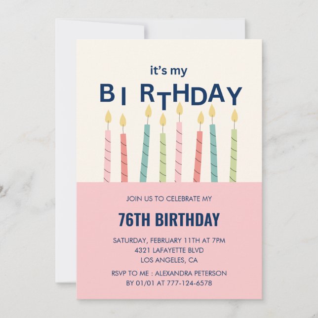 Funny Humour  Pink Candle 76th birthday invitation (Front)