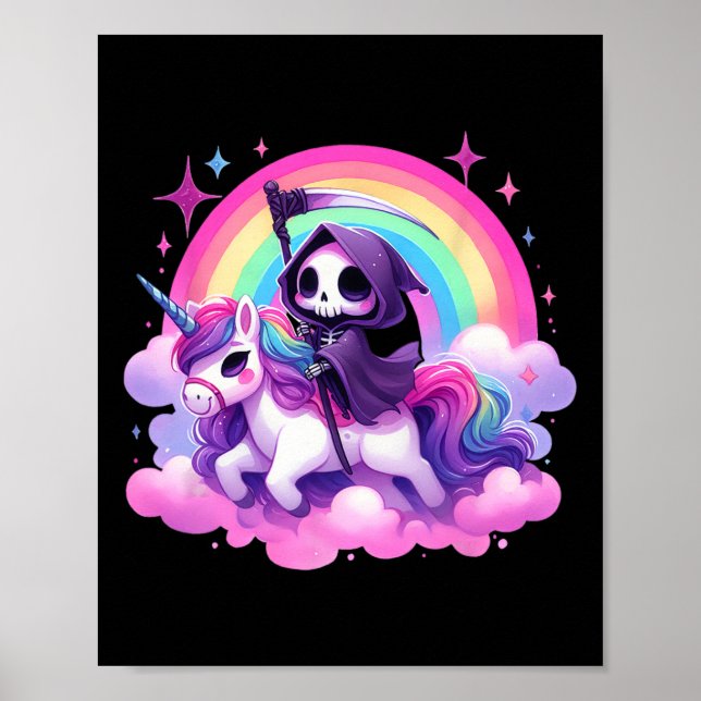 Funny Humour Rainbow Gothic Grim Reaper Riding Uni Poster (Front)