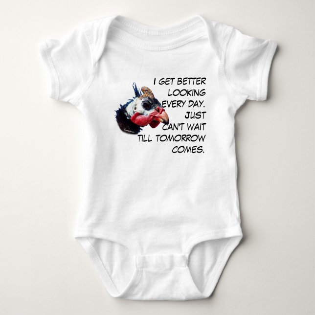 Funny humourous getting better looking text baby bodysuit (Front)