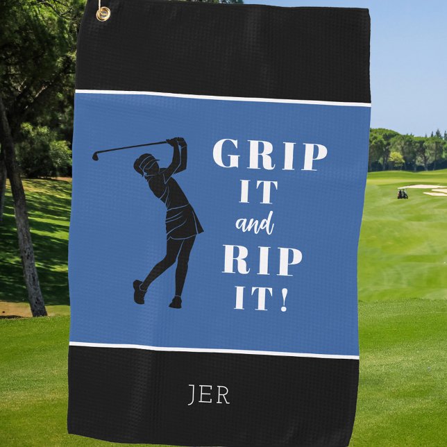 Funny Humourous Ladies Golf Grip Rip Blue Black Towel (Funny Humorous Ladies Golf Grip Rip Blue Black Golf Towel)