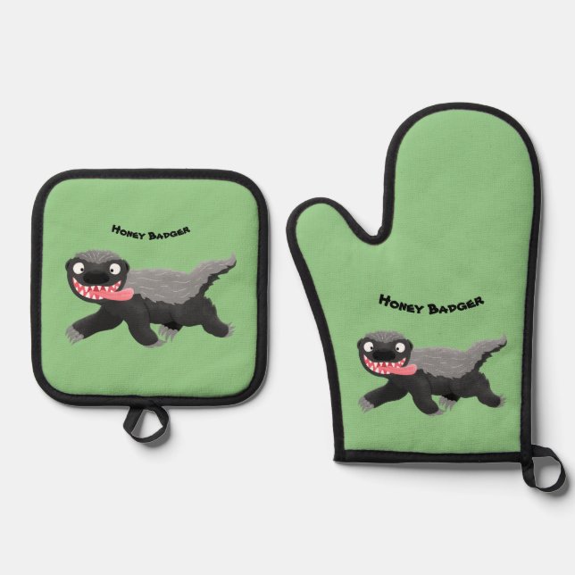 Funny hungry honey badger cartoon illustration oven mitt & pot holder set (Front)