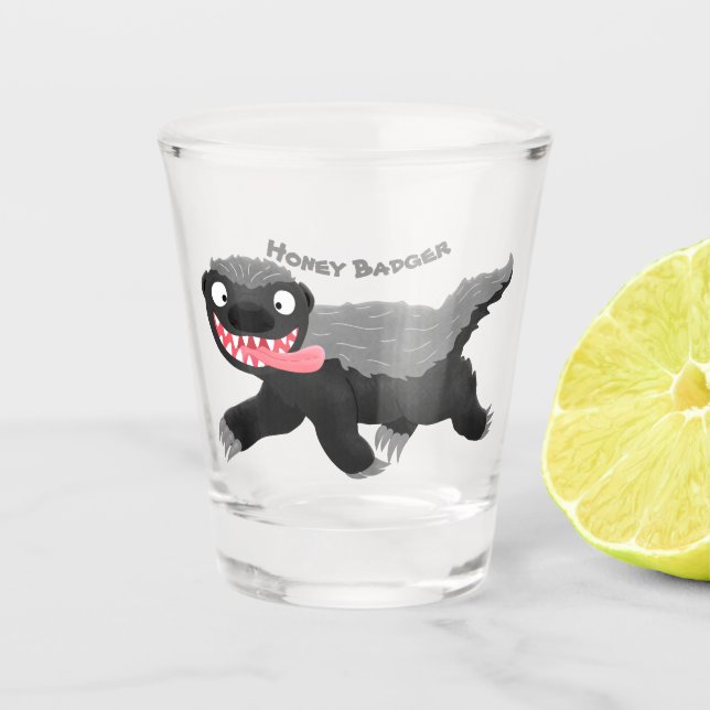 Funny hungry honey badger cartoon illustration shot glass (Front)
