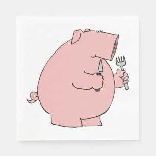 Funny Hungry Pig Holding Fork and Knife Napkin