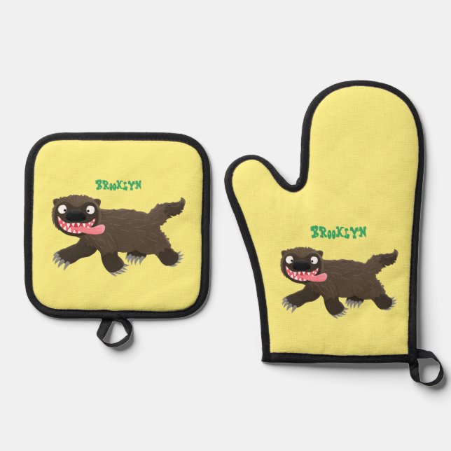 Funny hungry wolverine animal cartoon oven mitt & pot holder set (Front)