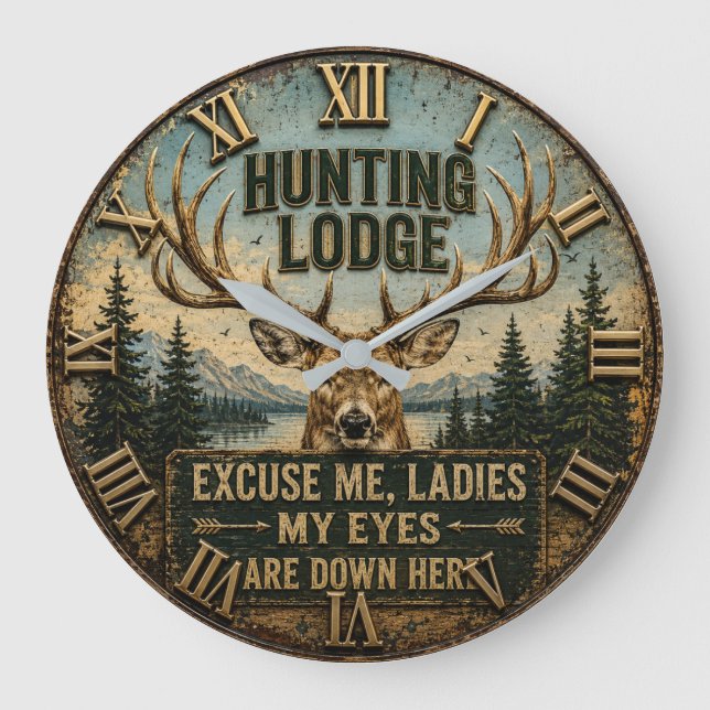 Funny Hunting Lodge Rustic Deer Hunter Decor Large Clock (Front)