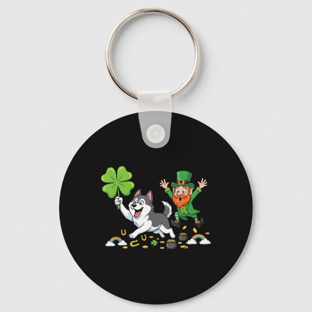 Funny Husky Clover St Patricks Day Womens Mens Keychain (Front)
