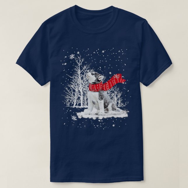 Funny Husky Dog Christmas Tree Matching Dog Lovers T-Shirt (Design Front)