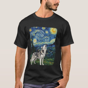 Funny Husky Dog Howling At Moon Starry Night Van G T-Shirt