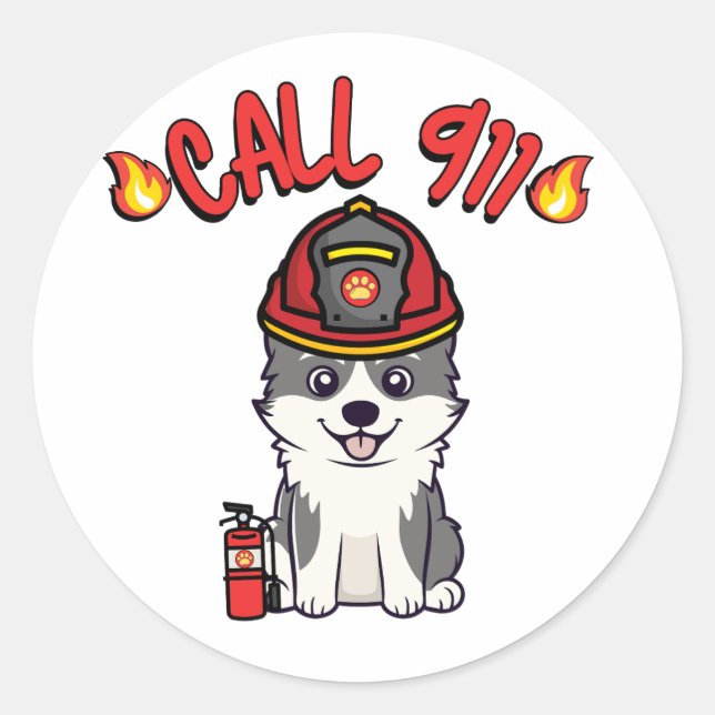 Funny Husky dog is a firefighter  Classic Round Sticker (Front)