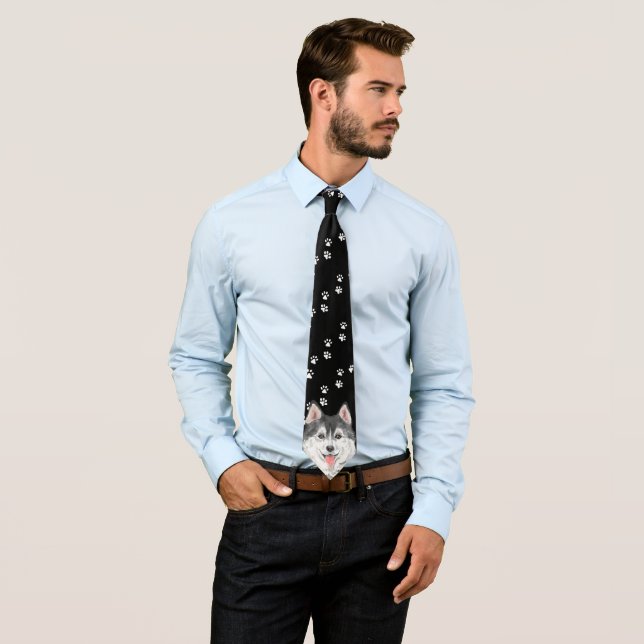 Funny Husky Dog Paws black Steps Pet Groomsmen  Tie (In Situ)