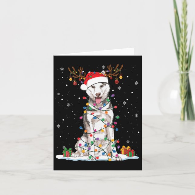 Funny Husky Dog Tree Christmas Lights Xmas Pajama  Card (Front)