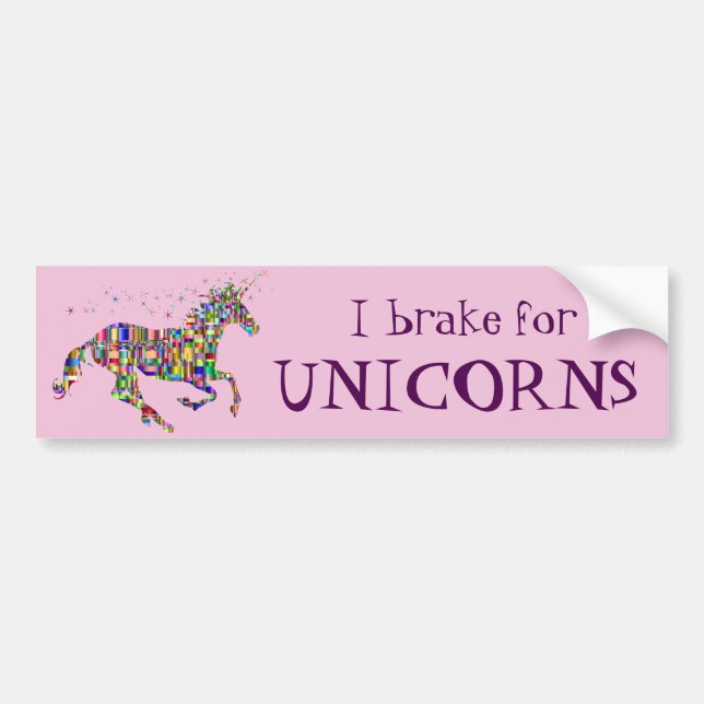 Funny "I Brake For Unicorns" & Rainbow Unicorn Bumper Sticker (Front)