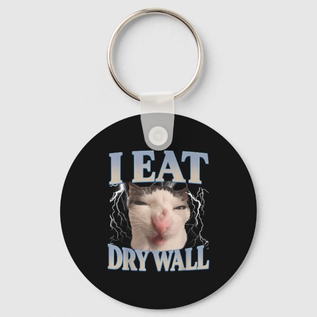 Funny I Eat Dry Wall Silly Cat Meme Men Women Kids Keychain (Front)