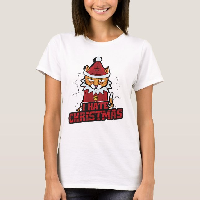 Funny I Hate Christmas Santa Cat T-Shirt (Front)