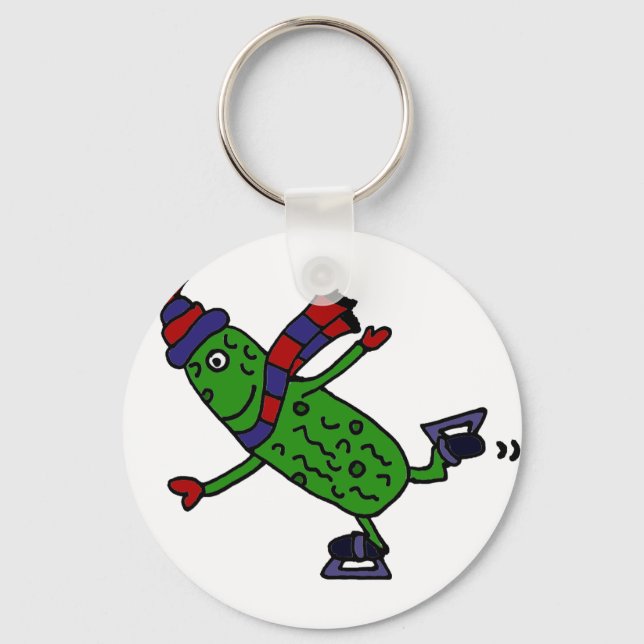 Funny Ice Skating Pickle Design Keychain (Front)