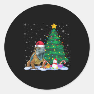 Funny Iguana Xmas Tree Lights Reindeer Hat Christm Classic Round Sticker