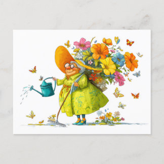 Funny illustration of grandma gardening flowers holiday postcard